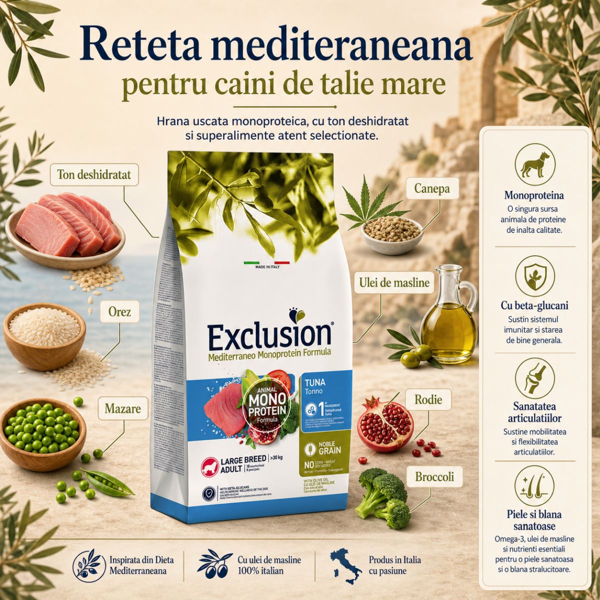EXCLUSION Mediterraneo Monoprotein Formula Large Breed, L-XL, Ton, hrană uscată monoproteică câini, 12kg - imagine 5
